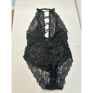 Black Lace Teddy Bodysuit Halter Lace Up Lingerie Floral Lace One Piece